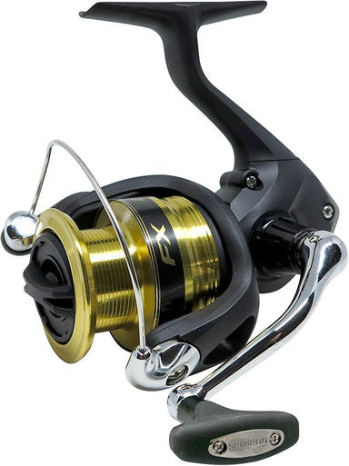Shimano FX FC spinning fishing reel in black and gold with silver bail wire