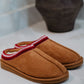 Katydid chestnut brown suede clog slippers with red and white embroidered knit collar trim