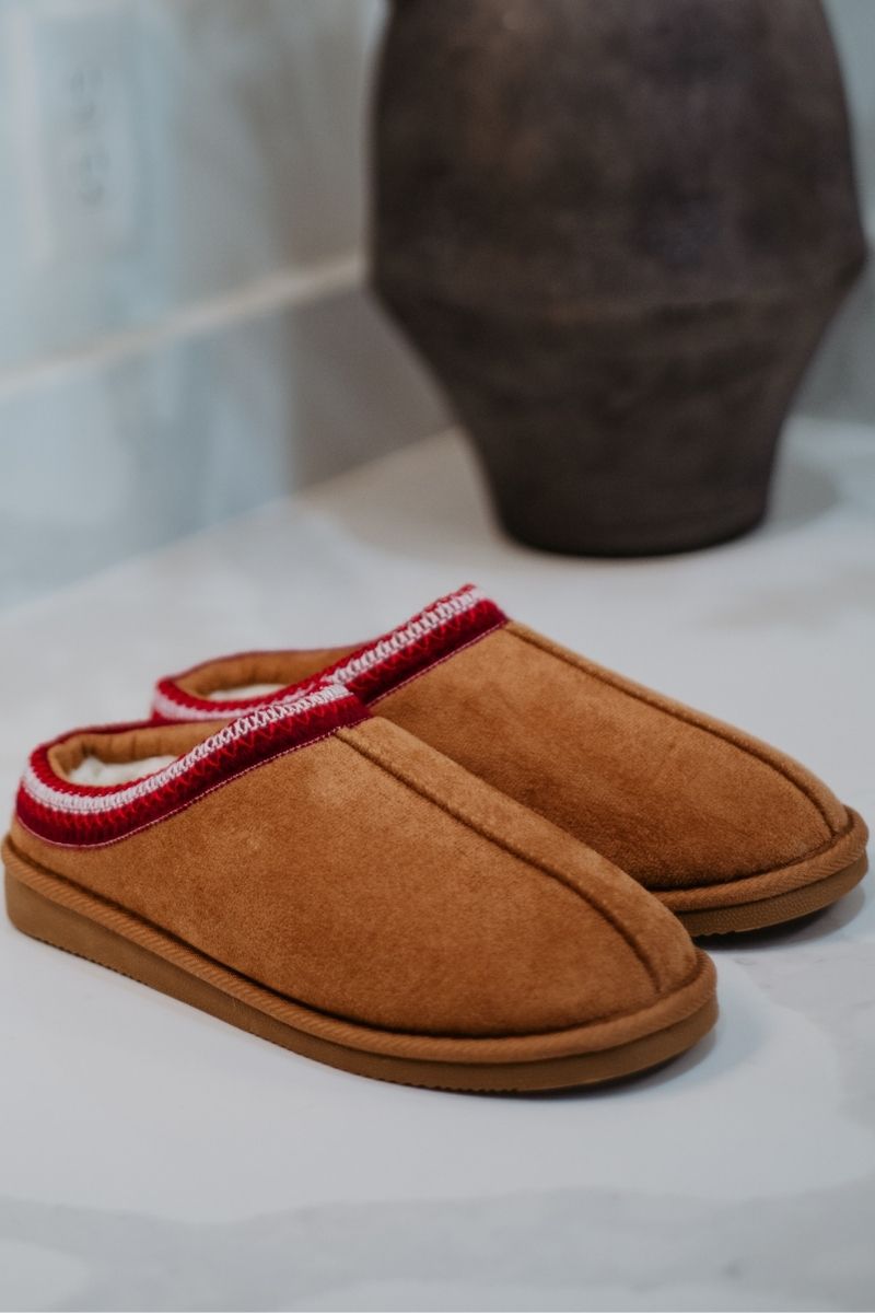 Katydid chestnut brown suede clog slippers with red and white embroidered knit collar trim