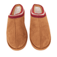 Katydid Chestnut Embroidered Cozy Slippers in warm brown suede with red trim, top view