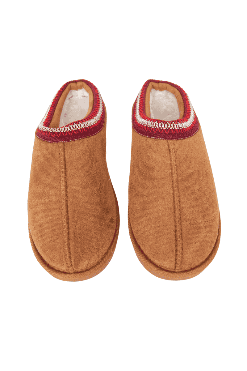 Katydid Chestnut Embroidered Cozy Slippers in warm brown suede with red trim, top view